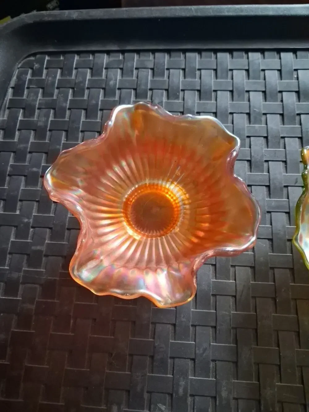 Vintage Marigold Carnival Glass Ruffled Bowl Iridescent Small Decorative Bowl